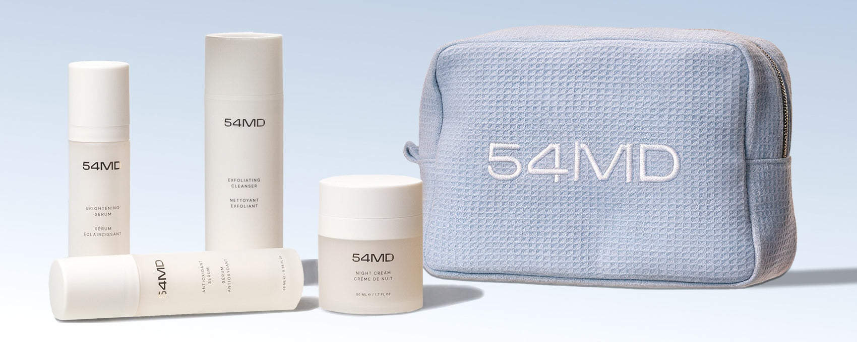 54MD skincare products and signature blue bag